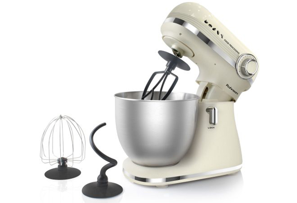 Απεικονίζονται η κουζινομηχανή και τα εξαρτήματά της.